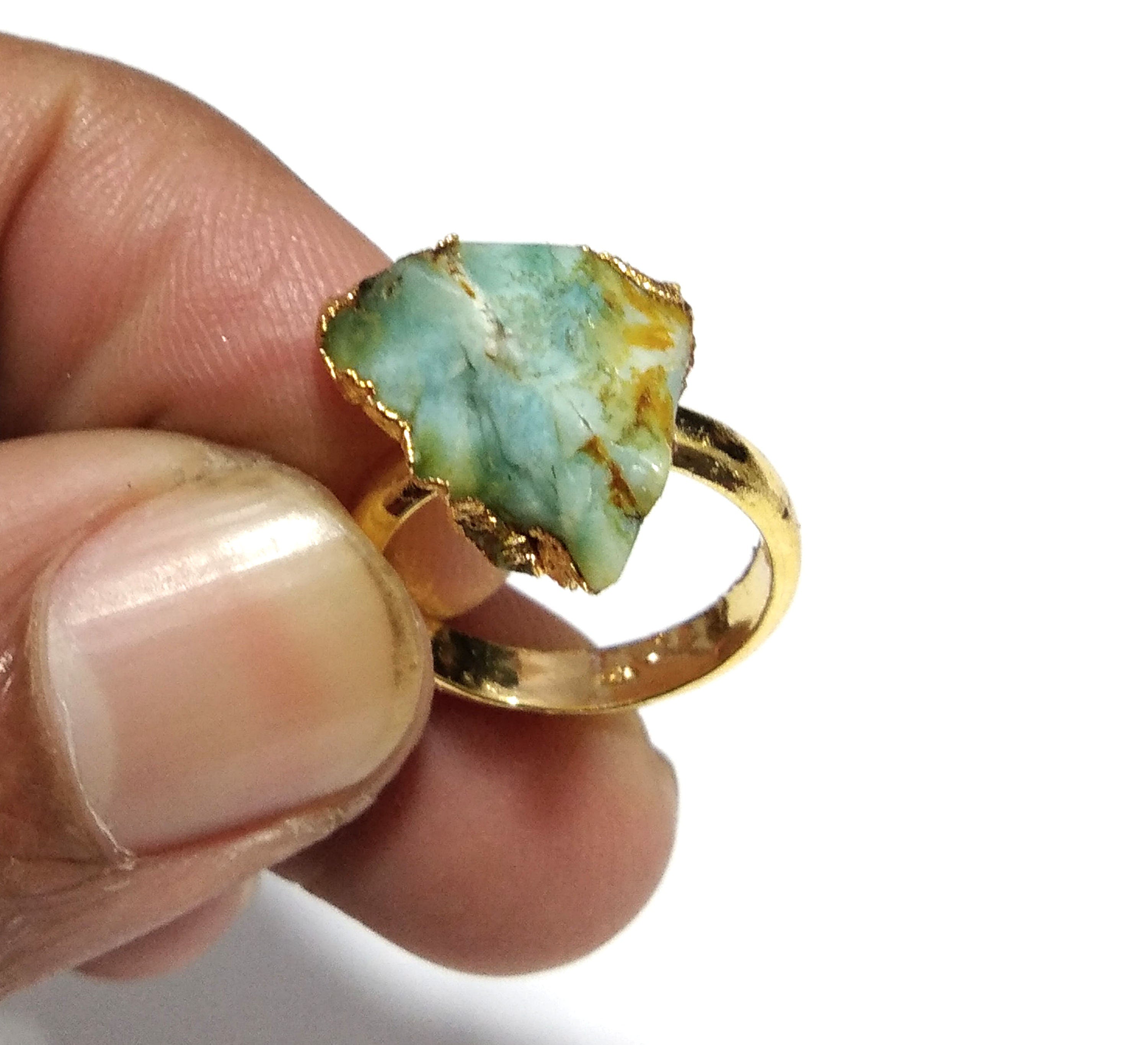 Natural Raw Larimar Rough Stone Ring, 925 Solid Sterling Silver Gold Plated Ring, Larimar Stone Size 12x13 mm Handmade Gift Statement Ring